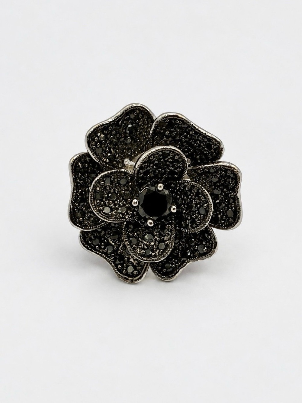 Park Lane Silver-Tone Black Crystal Flower Statement Ring Size 7.5–7.75